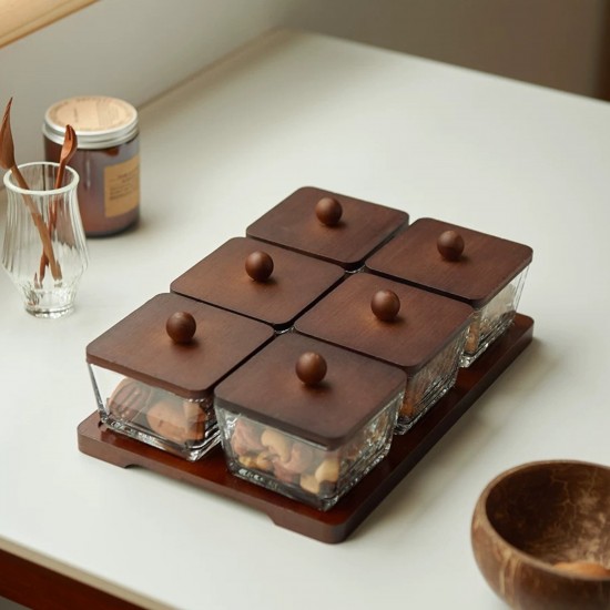 Wooden & Glass Serving Platter with Wooden Stand - 6 Pieces